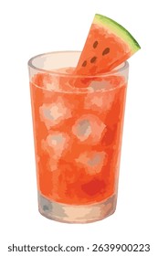 Vector illustration refreshing watermelon juice with ice – vibrant watercolor illustration of summer. Vector isolated on white background.