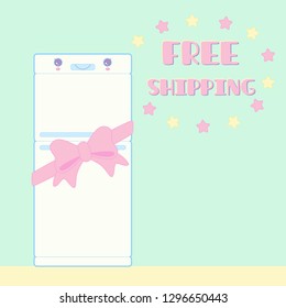 Vector illustration of refrigerator in a cartoon style Kawai, with inscription free shipping and backdrop for text, for printing on fabric or poster, banner, business card, flyer, sticker, card