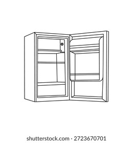 Vector illustration of a refrigerator with its door open. Black and white refrigerator lineart. Minimalist refrigerator logo icon template.