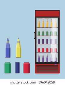 Vector illustration of refrigerator in set with cans and bottles.