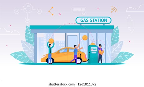 Vector Illustration Refueling Car on Gas Station. Man Fills his Car with Fuel for Long Journey. Payment Gasoline. Oil Business. Refilling Yellow Car to Full Tank with Gasoline. Group Happy Men