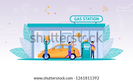 Vector Illustration Refueling Car on Gas Station. Man Fills his Car with Fuel for Long Journey. Payment Gasoline. Oil Business. Refilling Yellow Car to Full Tank with Gasoline. Group Happy Men