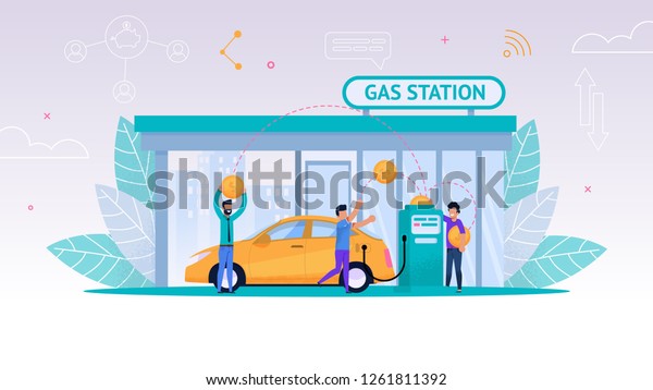 ガソリンスタンドで給油する車のベクターイラスト 人は長旅のために車に燃料を注ぐ 支払いガソリン 石油事業 黄色い車をガソリンで満タンに補充 Group Happy Man のベクター画像素材 ロイヤリティフリー