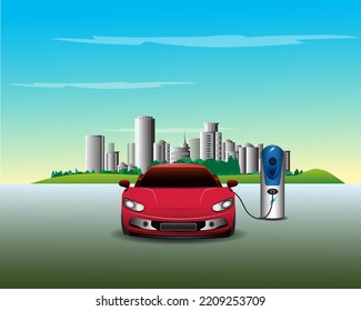 Vector illustration of refueling a car that uses electricity instead of petrol.
