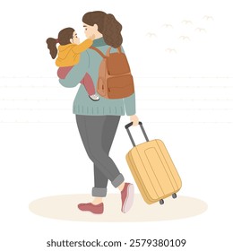 Vector illustration of a refugee mother carrying her child and pulling a yellow suitcase, symbolizing migration, resilience, and family unity during difficult times.