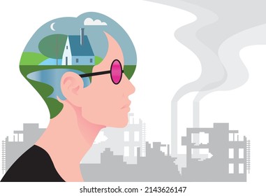 Vector Illustration Of A Refugee Woman, Against The Dystopian Destroyed Cityscape, Survived War Victim Remembering Good Life Before Conflict. Person Finding Inner Peace After Disaster