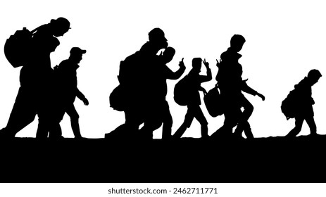 Ilustración vectorial de refugiados caminando sobre fondo blanco