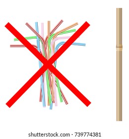 vector illustration of the refusal of disposable plastic drinking straws in favor of bamboo drinking straw