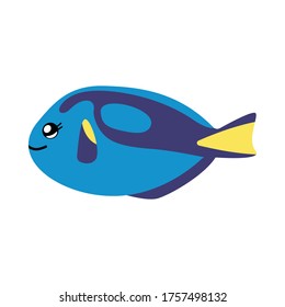 Vector illustration of a regal tang fish with a cute face. Simple, flat kawaii style. svg