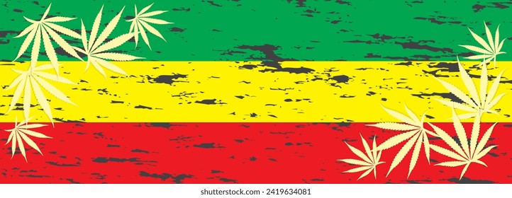 Vector illustration of a reggae flag with marijuana leaves decorated