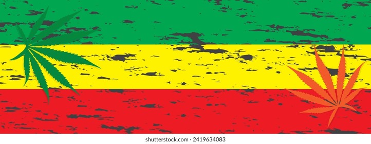 Vector illustration of a reggae flag with marijuana leaves decorated