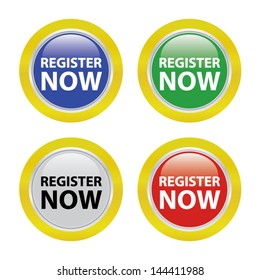 Vector illustration. Register now sticker.