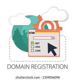 Vector illustration of registration & domain name concept with "domain registration" web and website hosting icon.