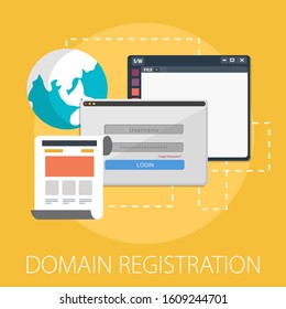 Vector illustration of registration and domain name concept with "domain registration" web and website hosting icon.