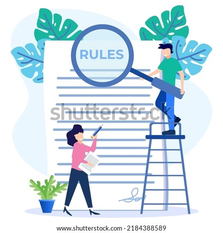 Vector illustration of a regulatory checklist concept. Graphic writing limited by legal information. Community control guidelines and strategies for corporate orders and restrictions.