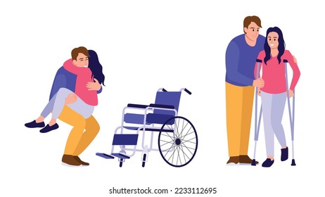 Vector illustration of rehabilitation. Cartoon scene with guy who helps girl get back on her feet after she couldnt walk on white background.