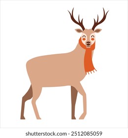 Ilustração vetorial de renas. Veado de Natal em cachecol. clip-art bonito para cartão, banner, crachá. Feliz Natal, Feliz Ano Novo. Design plano.