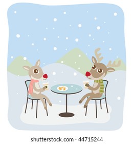 Vector illustration of a reindeer couple having coffee in winter.