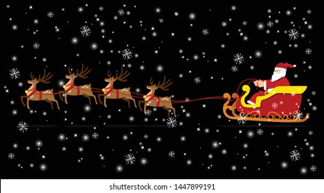 
vector illustration of  reindeer are dragging. Santa on Sleigh to give gifts to children.