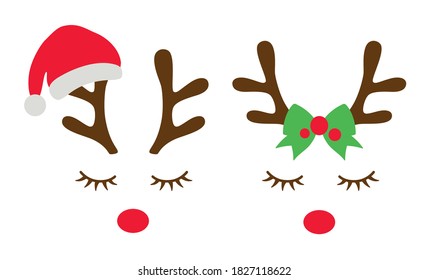 Vector illustration of reindeer faces with a Santa clause hat and a bow.
