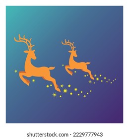 vector illustration of reindeer flying under it decorated with small stars isolated dark blue background