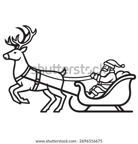 Vector illustration of a reindeer pulling Santa's sleigh outline with thick lines