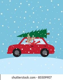 Vector Illustration Of A Reindeer Riding A Car With Christmas Tree On The Roof.