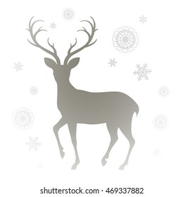 Vector Illustration of a Reindeer Silhouette and Snowflakes