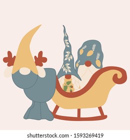 vector illustration with reindeer, sleight and gnomes, perfect to use on the web or in print