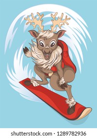 vector illustration of a reindeer that rides on the mountain slopes on a snowboard