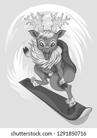 vector illustration of a reindeer that rides on the mountain slopes on a snowboard	