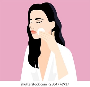 Vector illustration related to beauty and skin care. A brunet woman who puts a mask on her face. She is wearing a white robe. Applies various skin care products, face cream, toner bottle, serum