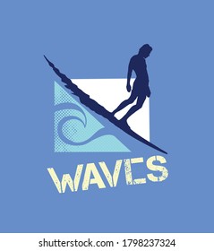 Vector illustration related to surfing with surfer silhouette and geometric shapes.