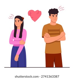  Vector illustration of relationship breakup. Cartoon scene of a couple girl and boy standing facing each other, feeling resentment, negative emotions, heart with cracks isolated on white background.

