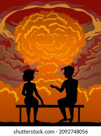 Vector illustration of relationship psychology. Silhouette of a man and a woman sitting on a bench against the background of an atomic explosion. They calmly talk to each other, postponing all problem