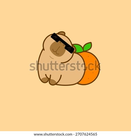 Vector illustration of a relaxed capybara wearing cool sunglasses while resting beside a giant orange.