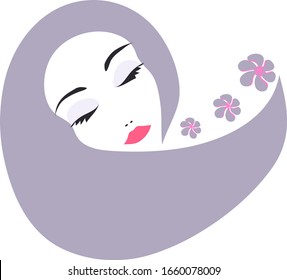vector illustration of relaxed female face with closed eyes with purple hair