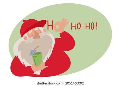 Vector illustration of relaxed funny Santa with coctail and ho ho ho text