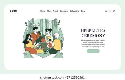 Vector illustration of a relaxed herbal tea ceremony featuring animated friends enjoying tea outdoors. The scene captures a sense of community, relaxation, and nature's tranquility.