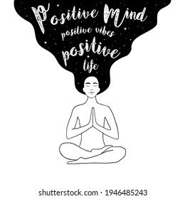 Vector illustration with relaxed long hair young woman and lettering text - Positive mind, positive vibes, positive life. Typography inspiration poster with quote