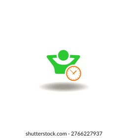 Vector illustration of relaxed man with hands behind head and clock. Symbol of passive income.