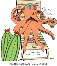 Vector illustration of a relaxed octopus sitting on a beach chair holding a cigar in one tentacle and a drink in another with a cactus plant nearby A fun quirky depiction of leisure and coastal vibes