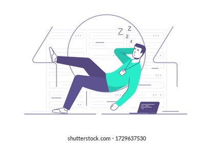 Vector illustration of a relaxed it technician, network engineer sleeping a server room. 404 error page.