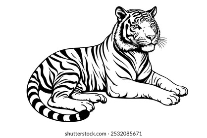 Una Ilustración vectorial de un tigre relajado tumbado, mostrando una línea de arte detallada y elegante. Perfecto para Diseños gráficos que requieren el simbolismo majestuoso y poderoso de un tigre. Adecuado para su uso