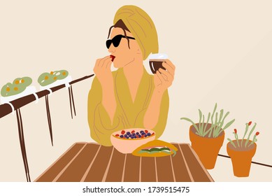 Vector illustration of a relaxed woman in bathrobe and towel enjoying food on the beautiful balcony with flowers