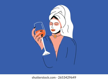 Vector illustration of a relaxed woman with a towel wrapped around her head, holding a glass of wine. She appears calm and content, enjoying a moment of self-care and relaxation.