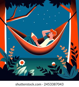 Ilustración vectorial de una escena nocturna relajante con una persona leyendo en una hamaca bajo un cielo estrellado, rodeado de naturaleza