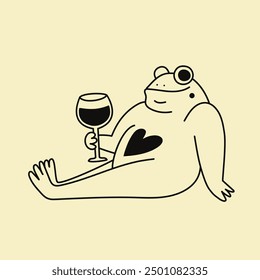 Vector illustration with relaxing frog or toad and glass of wine or other drink. Monochrome print design with animal and drink, apparel print, wall decoration poster, bar menu element