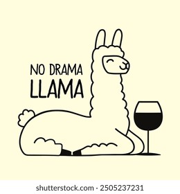 Vector illustration with relaxing llama or alpaca and glass of wine or other drink. No drama llama text. Monochrome print design with animal and drink, apparel print, wall decoration poster