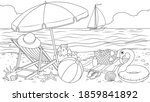 Vector illustration, relaxing on the beach, coloring book